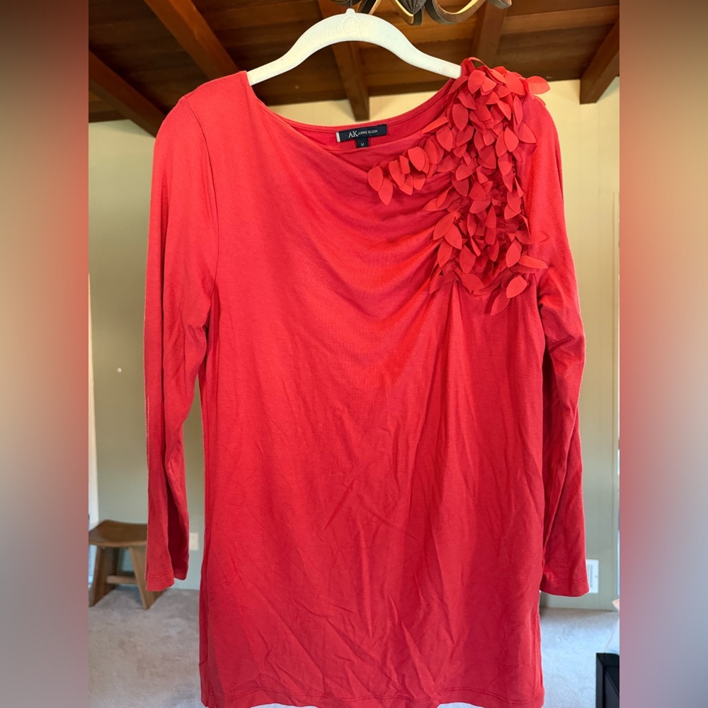 Anne Klein Coral Long Sleeve Top with Leaf Accents